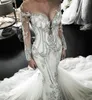 2022 Vintage Manches Longues Sirène Robes De Mariée Cristal Perlé De Luxe Plus La Taille Robe De Mariée Balayage Train Sheer Jewel Cou Robe De Novia BC0446