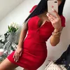 Letnia sukienka Upadek Kobiety Sexy Casual Knit Sheath Mini Sukienki Panie Solidne V Neck Chest Button Krótki Rękaw Bodycon Sukienka