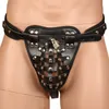 Pu Leather Men Crotch Cage Chastity Pants Black Lockable Male Harness Bondage Underwear Thong G-string Fetish Sexy Lingerie C19031601