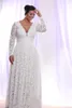 Grande taille robe de soirée en dentelle blanche manches longues col en V profond longueur de plancher mère robes de bal formelles occasion fête porte pas cher