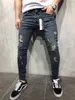 Styliste de mode en détresse trou de fermeture éclair pantalon en jean mince hommes jean de motard maigre