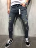 Mode mens jeans mens stylist orolig zipper hål smala denim byxor herr mager cyklist jeans