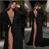 Robes de soirée noires avec haut côté fendu dentelle paillettes perlées à manches longues robe de bal sexy tenue de soirée balayage train robes de soirée sur mesure