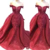 New Sexy Dark Red Evening Dresses Wear Mermaid Overskirts Off Shoulder Lace Appliques Beads Backless Plus Size Prom Party Red Carpet Gowns