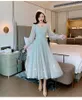 New design women's lantern long sleeve gauze paillette patchwork shinny bling high waist pleated ball gown long dress S M L