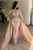 Árabe Champagne Lantejoula Vestidos de noite Sereia com destacáveis ​​Skirt V-Neck Dubai Mulheres Formal Prom vestidos longos sleevs