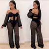 AHVIT Gridding Hollow Out See Through Sexy Two Piece Set Lantern Sleeve Bow Bandage Crop Top And Straight Wide Leg Pant MOS-M883