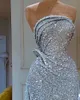 Shinning Sequined Aftonklänningar Ruffles Strapless Prom Klänningar Silver Sweep Train 2020 Vår sommar Formell Party Klänning Anpassad