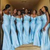연한 파란색 인어 신부 들러리 드레스 스파게티 스트랩 새틴 바닥 길이 레이스 아플리케 아프리카 아프리카 하녀 403