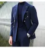 Navy Blue Groom Tuxedos Double-breasted Men Bröllop Tuxedos Peak Lapel Jacket Blazer Fashion Men Dinner / Darty Suit (Jacka + Byxor + Tie) 1168