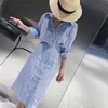 Gros-Automne Femmes Robe Style Coréen Slim Taille Chemise Rayée Robe À Manches Longues Longueur Au Genou Dames Élégant Midi Robes Jurken