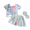 Baby sereia vestuário conjunta crianças meninas coloridas camiseta t camisa bowknot faixas de cabeça ternos de manga curta de verão mini vestido de cabelo conjunto cdyp684