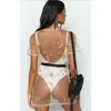 Sarongs Women Summer Beach Dress Loose Star Moon Print Sequins Bikini Cover Up Sexy Mesh See-through Short Sleeve Mini Vestido1