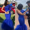 New Sexy Black Girls Royal Blue Prom Dresses Mermaid One Shoulder Long Sleeves Lace Appliques Beads Floor Length Formal Evening Party Gowns