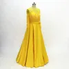 Yellow Hand Made Flowers Pearls Evening Formal Dresses Long Sleeves Applique Lace Ribbon With Bow A-line Empire Waist Prom Dress Mom Dress
