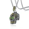 Mexican Large Sugar Skull with Green Eye Pendant Necklace Stainless Steel Punk Biker Male Jewelry with 24 inch