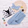 Kids Clothes Baby Girls Dot Cowboy High Waist Clothing Sets Summer Vest Bowknot Pants Headband Suit Child Top Ruffle Trouser Hairband BYP549