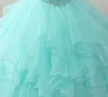 녹색 Quinceanera Mint Dreess Beaded Honter Ruffles Tulle Sweet Prom Ball Gowns Custom Made Lace Up Back 공식 저녁 착용
