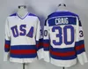 Hot Selling TOP 1980 USA Hockey Jersey 30 Jim Craig 21 Mike Eruzione 17 Jack O'Callahan Team 미국 대체 연도 빈티지 유니폼의 기적