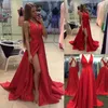 Czerwony A-Line Sexy Boczny Slit V Dekolt Długa Sukienka Z Sweet Train Satin Backless Formalne Wieczorowe Party Suknie Prawdziwe zdjęcie Wysoka jakość