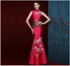 2019 queue de sirène style asiatique à manches courtes mode rouge broderie mariée mariage Qipao longue Cheongsam robe traditionnelle chinoise rétro