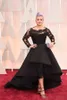 Size Long Plus Black Sleeves Evening Dresses Illusion Bateau Neckline High Low Sweep Train Lace Satin Tulle Appliqued Prom Party Gown