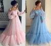 Elegant Light Sky Blue Pink Evening Dresses with Poet Sleeves Off Shoulders Pleats Ruffles Tiered Tulle Long Party Prom Gowns Arabic