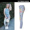 Damenjeans Frauen Birdie Flower Vorder- und Rückseite bestickt Harajuku hohe Taille gerade unregelmäßig getragen