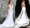 Laço barato Vestidos de casamento da sereia apliques com trens em anexo Bainha do vintage Braia vestido nupcial boêmio BM1529