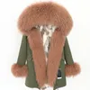 brown white rabbit furs lining black long parkas Women snow jackets brown Mongolia sheep fur trim Placket