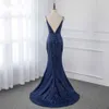 Robes de demoiselle d'honneur marine sexy col en V profond avec bretelles dos nu paillettes scintillantes sirène pas cher mariage invité fête bal robe formelle C259q