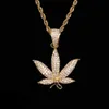 New Hip hop Jewelry Leaf Pendant Necklace Gold Color Bling Cubic Zircon Men Women's Necklace with Rope chain For Gift