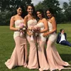Sexy Mermaid Bridesmaid Dresses Spaghetti Strap Sleeveless Appliqued Lace Satin Split Front Floor Length Maid of Honor Gowns Robe De Mariee