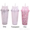 Cat Ear Flashing Double Layer Cup Cute Cartoon Creative Plastic Cups Tumbler Sequin Juice Wine Bottle With Straw Gift Cup 3 Colors BH2242 CY