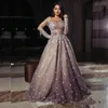 Arabische Formele Avondjurken 2020 Luxe Lange Mouw Tule Applicaties Sweep Train Prom Dress Party Draag de schouder Damesjurken