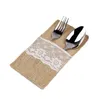 Burlap bestickshållare Vintage Shabby Chic Jute Lace Porslin Väska Packaging Fork Kniv Pocket Party Decoration Gratis DHL