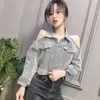 Nouveau printemps mode femmes col rabattu épaule strass patchwork court denim jeans manteau casacos veste