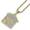 Iced Out 14K Plaqué Or Maison Forme Pendentif Collier Micro Pavé Zircon Hommes Hip Hop Bijoux