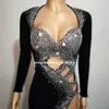 T39 Sexy women black hollow rhinestone dress crystals hip skirt elastic outfit latin dance costume party wears evening clothe dj p2025863