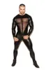 Man Patent Leather Mesh Stitching Jumpsuit Black Sexy Openwork Perspective Bodysuit Fitness Fetish Male Suit