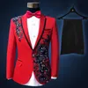 Three Pieces Set Suits Men's Singers Perform Stage Show Sequins Embroidered Flower Red Blue Pink Wedding Suit Costume Homme182Z