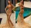 Vlora Kaltrina 2020 Suknie wieczorowe V Neck Długie Rękawy Koronki Cekinowe Suknie Prom Dostosowany Sweep Train Mermaid Specjalna okazja Dress