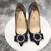 Foto Real moda mujer negro satén cuero cristal arco strass bombas para boda puntiagudo naranja Sexy tacones altos zapatos 12cm stilettos