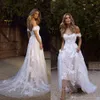 Robes de mariée bohème élégantes 2022 Une ligne off-off épaule appliquée en tulle long sans soutènement de plage d'été