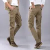 Calças de jeans masculinas Slim Elastic Straight Cargo Pants Multi-Pockets No macacão Joggers Black Khaik Olive Green Homme1