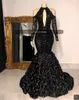 NEW 2022 Black Tiered Skirts Prom Dresses African High Neck 3D Lace Flowers Sequined Evening Gowns Plus Size Reflective Dress V3052