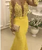 2020 Illusion Long Sleeves Yellow Pearls Lace Prom Evening Dresses Mermaid Jewel See Though Back Pageant Formal Dress Bridesmaid Dress