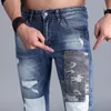 Yaz Yama Kot Pantolon Erkekler Streetwear Mavi Ince Jean Patchwork Streç Denim Pantolon 2020 Moda Slim Fit Sıkıntılı Pantolon