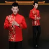 Czerwony Smok Chiński Sukienka Z Długim Rękawem Groom Ślub Tradycyjna Suknia Mężczyźni Satin Cheongsam Top Costume Tang Suit Toast Odzież