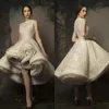 High Low Ball Gown Dresses Evening Wear Krikor Jabotian Jewel Neckline Sleeveless Knee Length Lace Prom Gowns With Sequins And Pearls